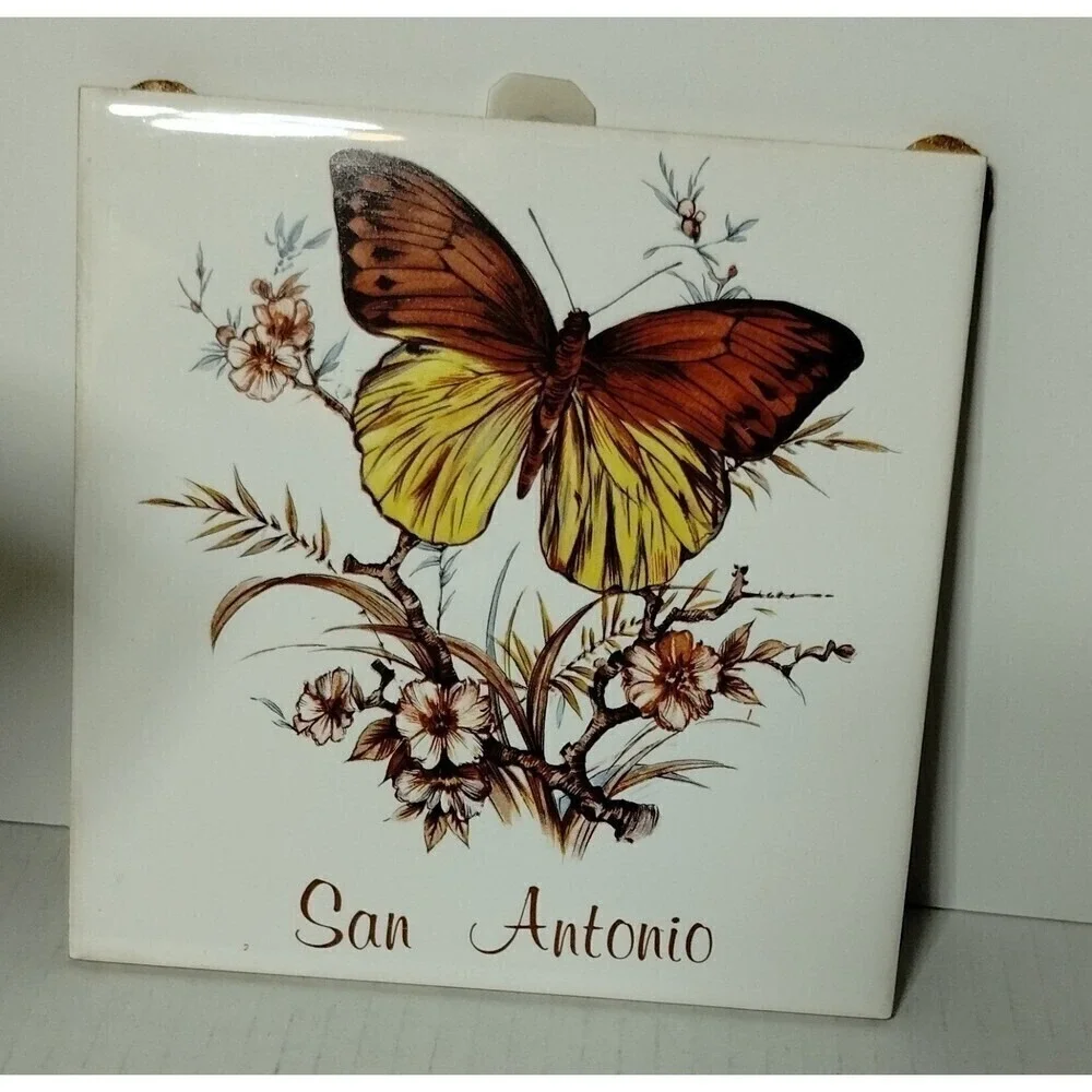 Made in Japan San Antonio Butterfly Ceramic Tile Vintage Floral Wall‎ Decor